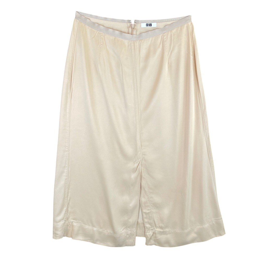 Uniqlo U Womens Rayon Midi Skirt Beige Champagne Slit 431466 Size 10